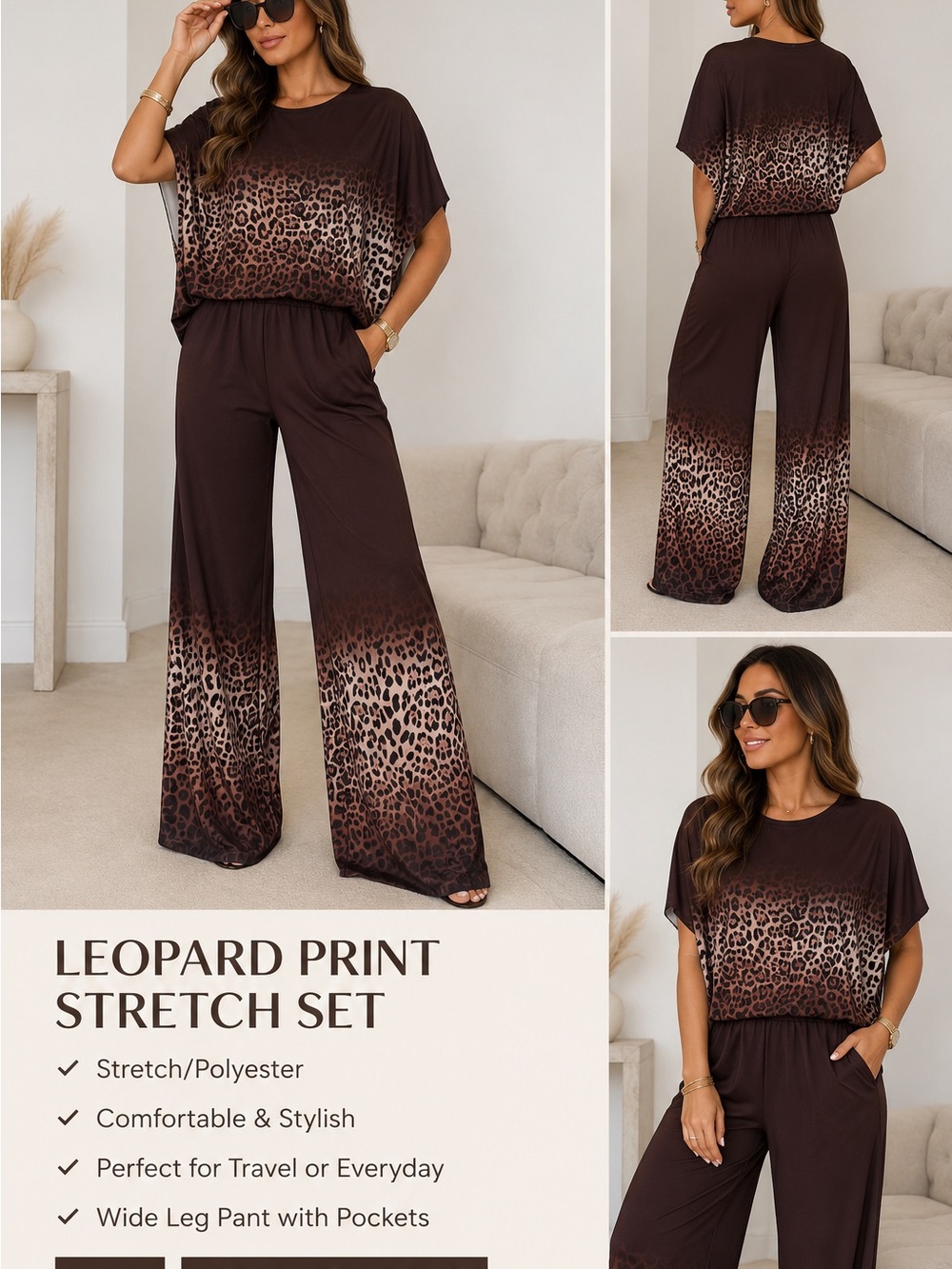 Leopard Print Wide-Leg Jumpsuit - Brown Set